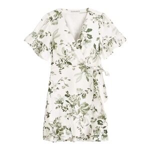 Abercrombie & Fitch Dress Womens XLT White Green Mini Wrap Linen Cotton Floral